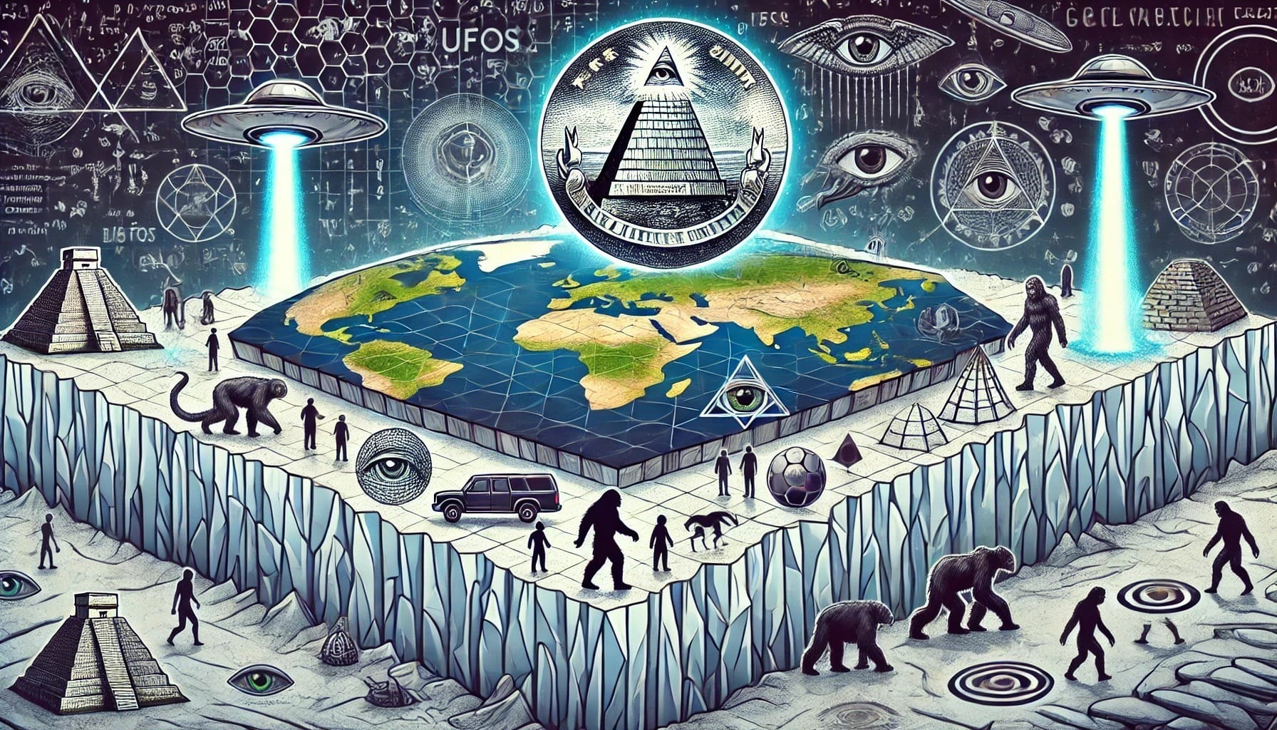 A split image showing a stylized globe on one side and a flat earth model surrounded by phrases like “Truth Seeker” and “Hidden Knowledge,” symbolizing contrasting views on Flat Earth Theory.