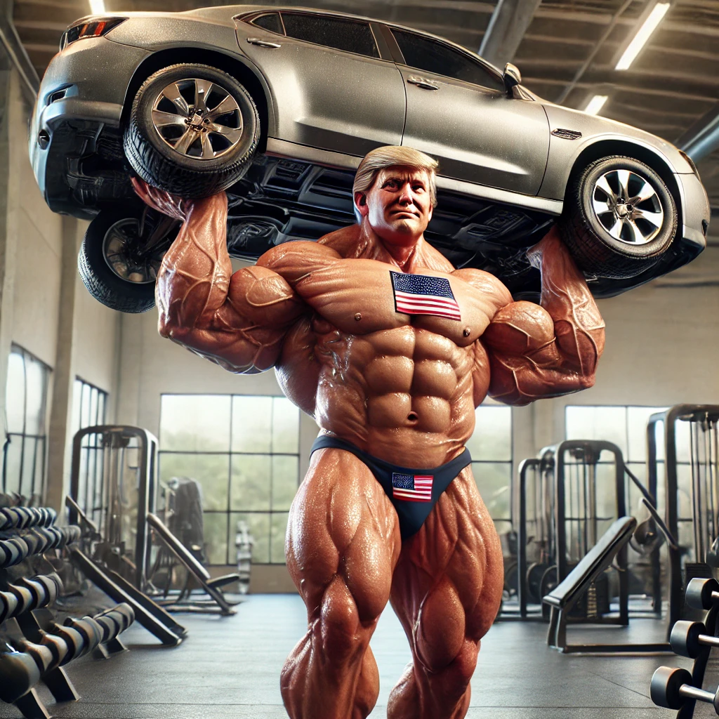 Donald Trump, depicted as a supernaturally muscular bodybuilder, lifting a car over his head, symbolizing strength and power.