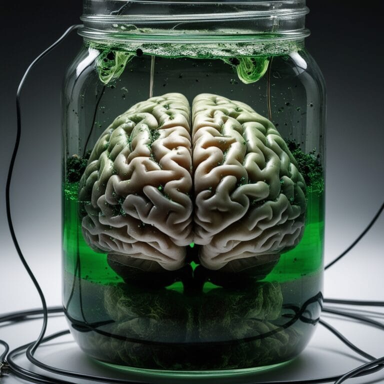 Realistic image of a monkey brain submerged in murky water, connected to electrodes inside a glass jar.