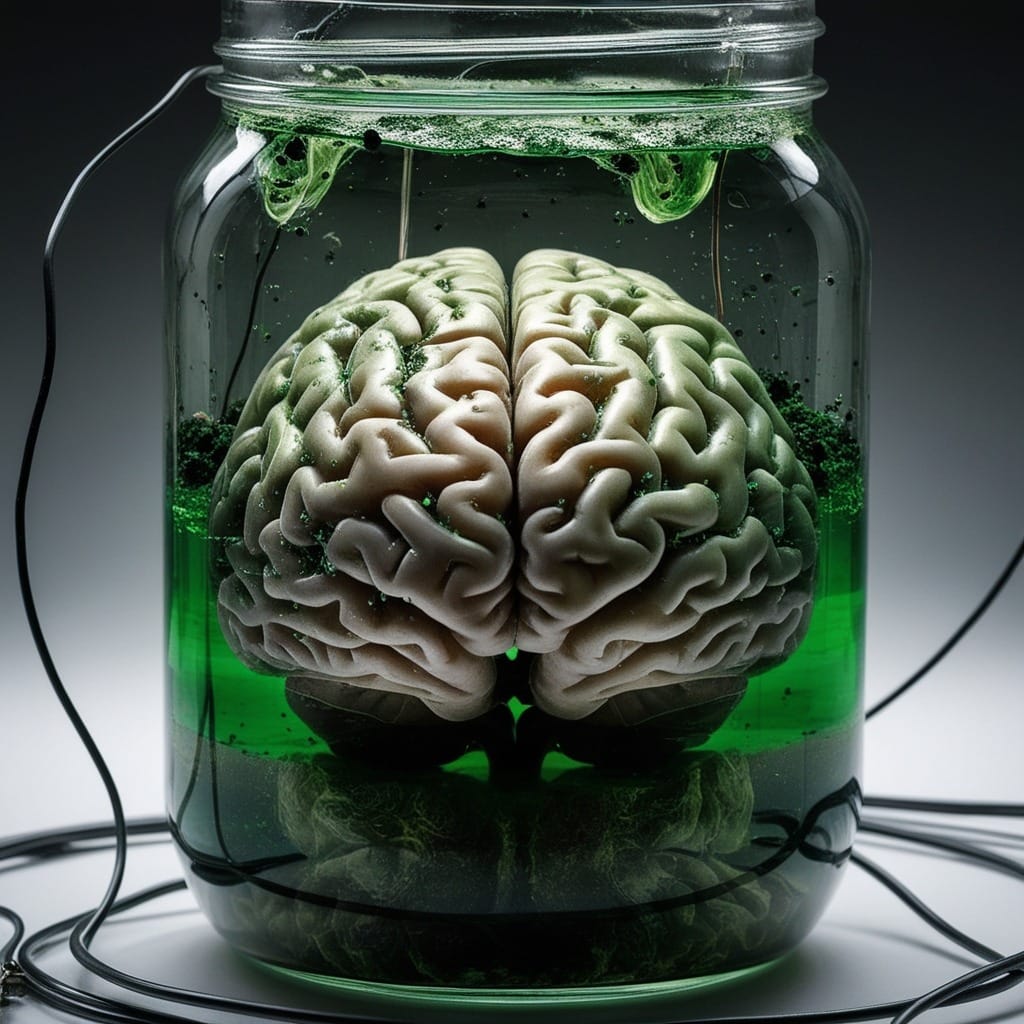 Realistic image of a monkey brain submerged in murky water, connected to electrodes inside a glass jar.