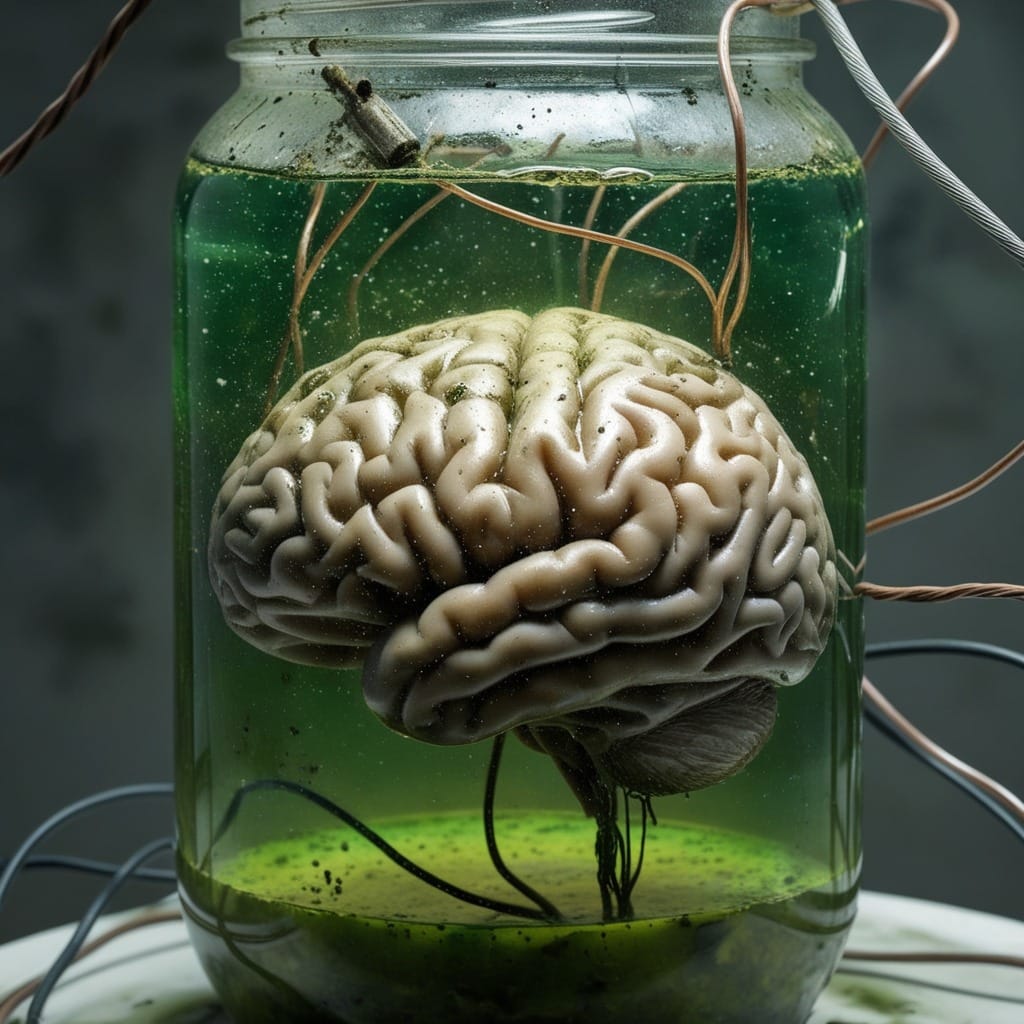 Realistic image of a brain submerged in murky water, connected to electrodes inside a glass jar.