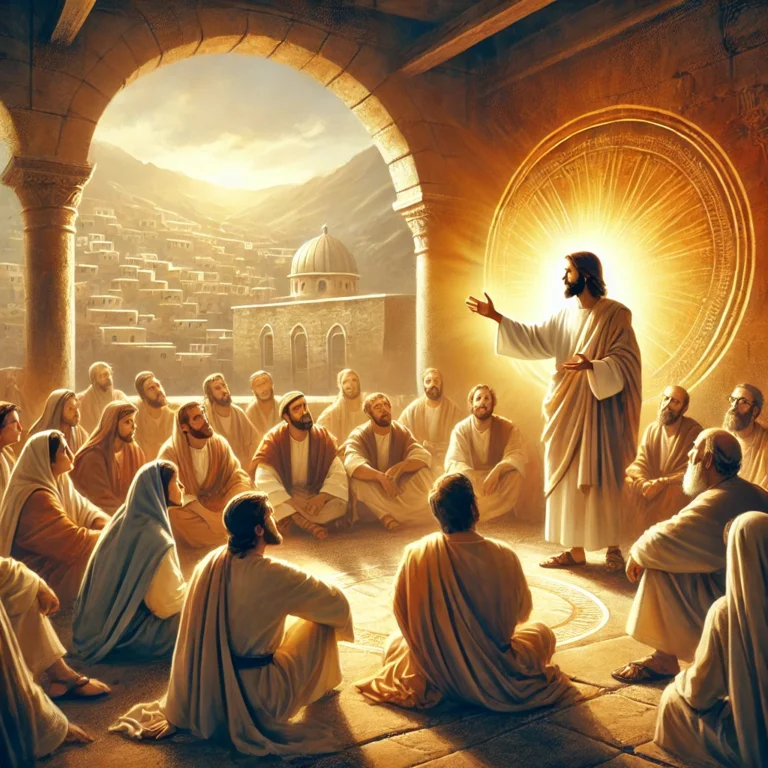 Jesus teaching a diverse group of people, conveying grace and wisdom in an ancient Jerusalem setting.