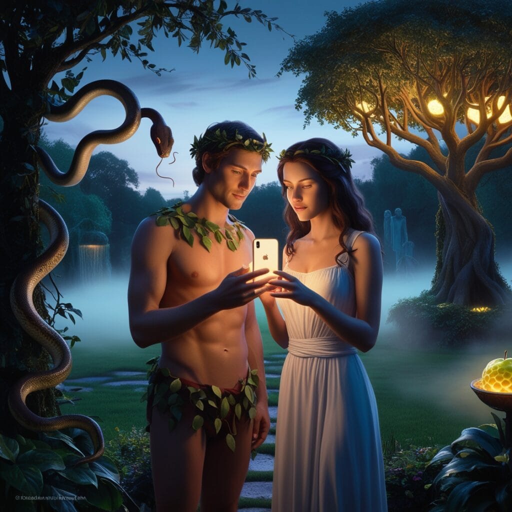 Adam and Eve in the Garden of Eden at dusk, illuminated by a glowing iPhone, with a serpent and the Tree of Knowledge in the background.
