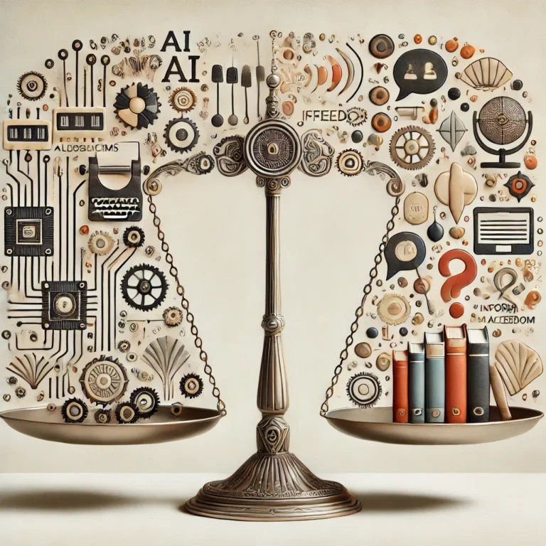 Balance scale with AI circuits on one side and speech symbols on the other, symbolizing the tension between algorithms and freedom of expression