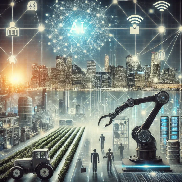 Image depicting AI-enhanced productivity across various industries, with digital networks connecting sectors like finance, agriculture, and retail.