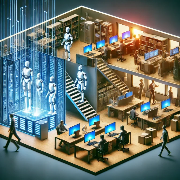 Illustration of AI-driven downsizing in a corporate office, showing workers leaving as robotic systems take over tasks.