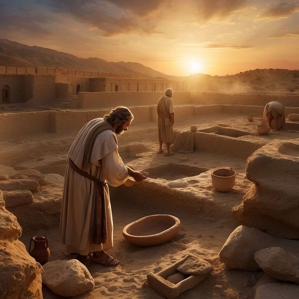 "Illustration of men in biblical-era robes conducting an archaeological excavation in an ancient Judean village at sunset, with artifacts like pottery and tools in view, symbolizing the historical context of Jesus's life."