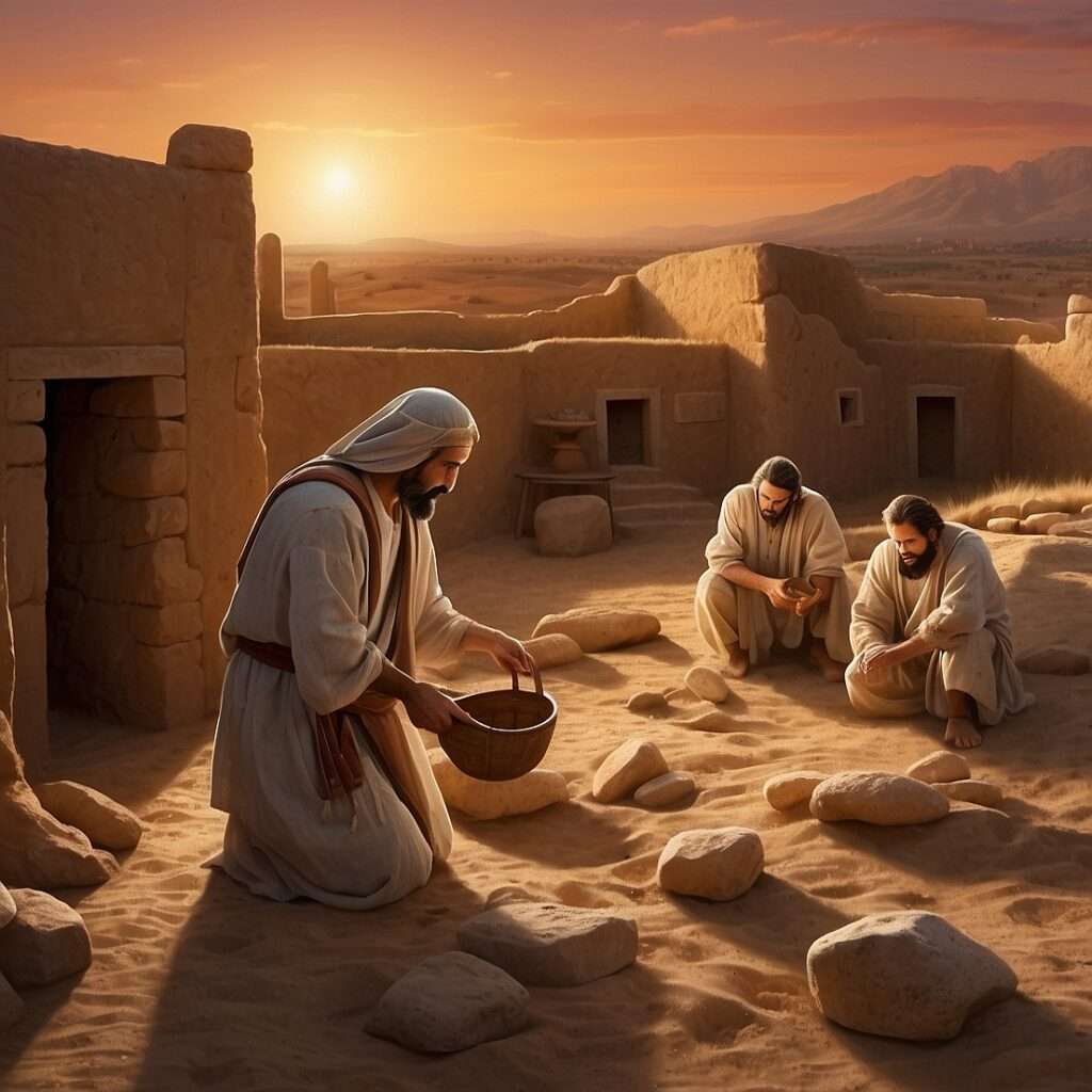 "Depiction of men in biblical-era attire sifting through sand and rocks in an ancient Judean village, symbolizing the historical setting of Jesus’s time."