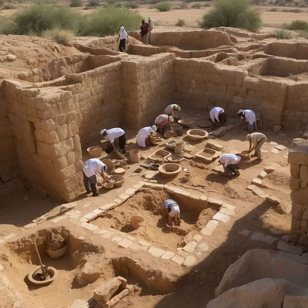 "Archaeologists excavating an ancient Judean site, uncovering pottery, inscriptions, and artifacts connected to the historical evidence of Jesus."