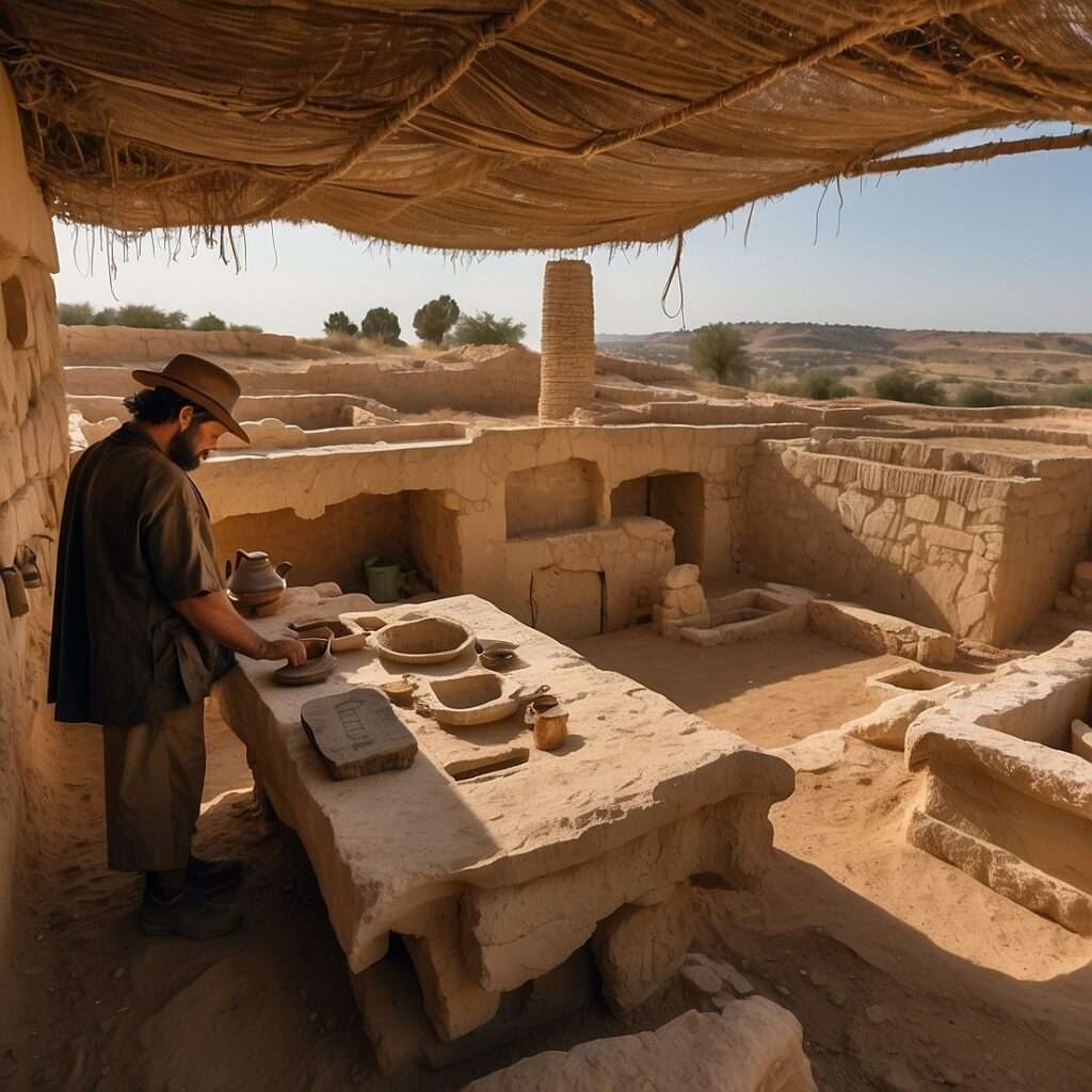 "Archaeologist examining pottery and artifacts on a stone table in an ancient Judean excavation site, with mudbrick walls and desert landscape in the background."