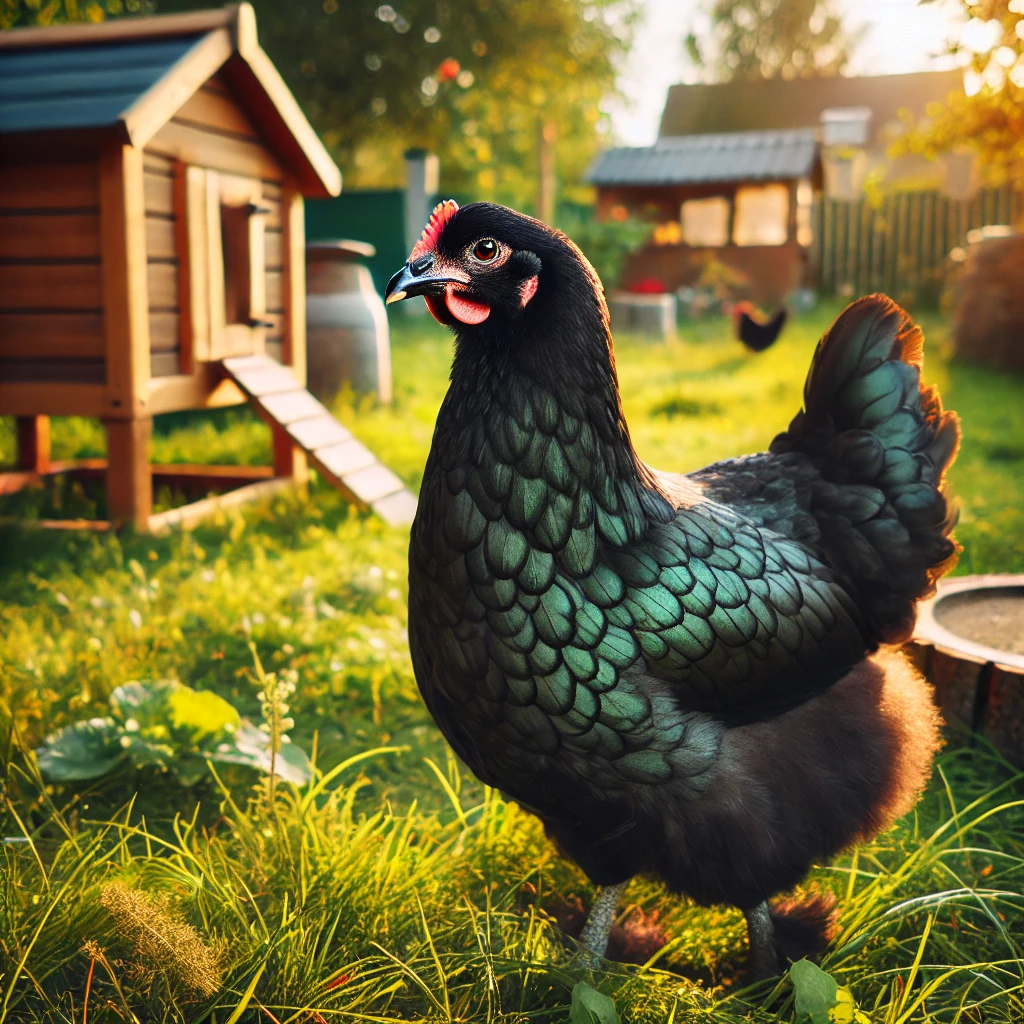 "Australorp chicken with glossy black feathers standing in a grassy backyard near a wooden coop."

