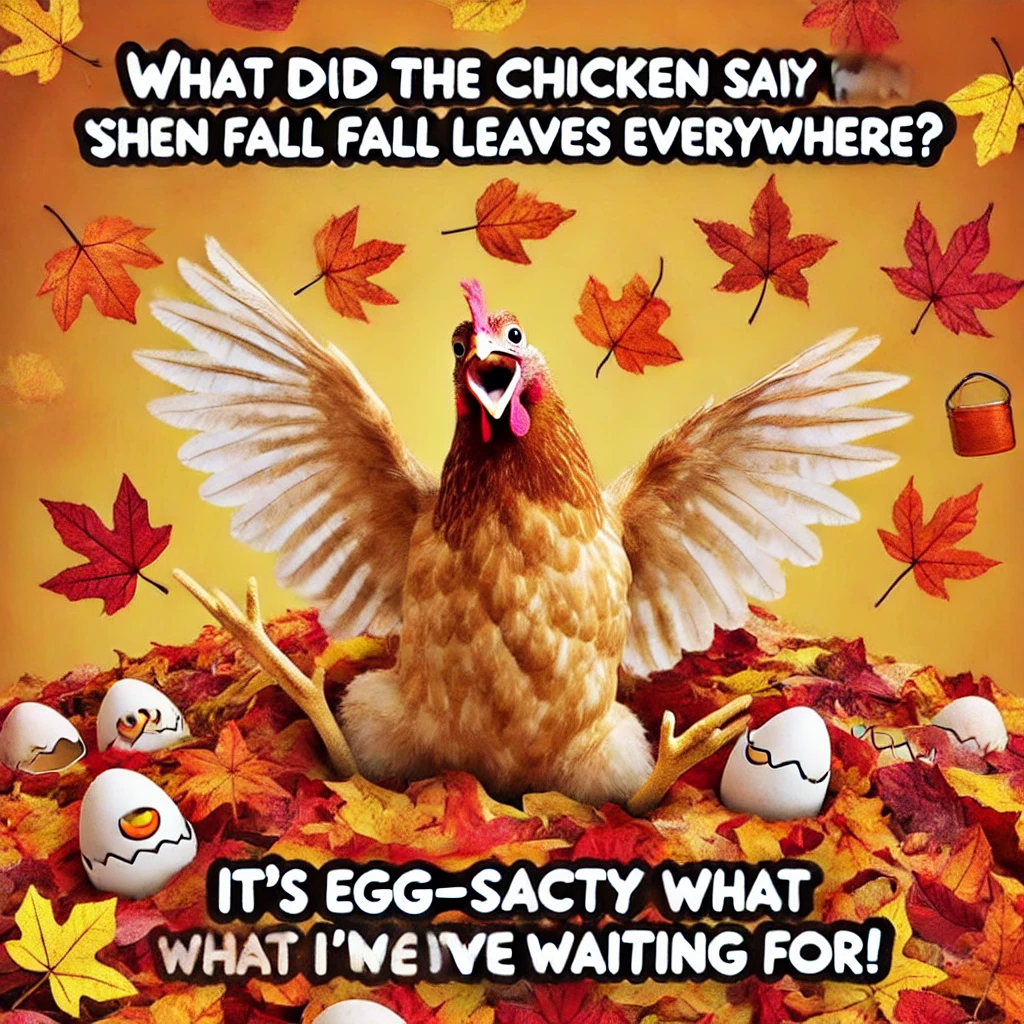 "Funny autumn meme with a thrilled chicken in a pile of leaves and pumpkins scattered nearby."