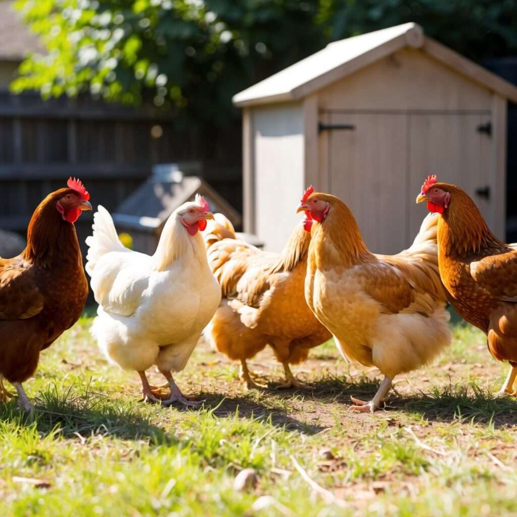 "Beginner-friendly chicken breeds, including Buff Orpingtons and Rhode Island Reds, foraging in a backyard near a wooden coop."

