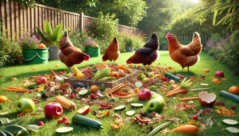 Four backyard chickens feeding on budget-friendly options like kitchen scraps, garden clippings, and fallen fruit in a natural backyard setting.