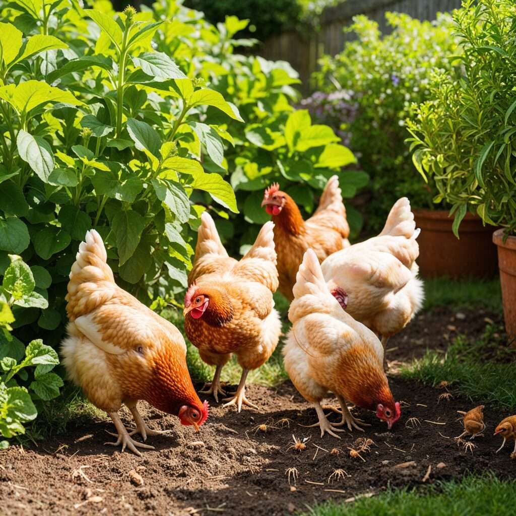 "Backyard chickens foraging in a garden, pecking for insects and showcasing natural pest control benefits."
