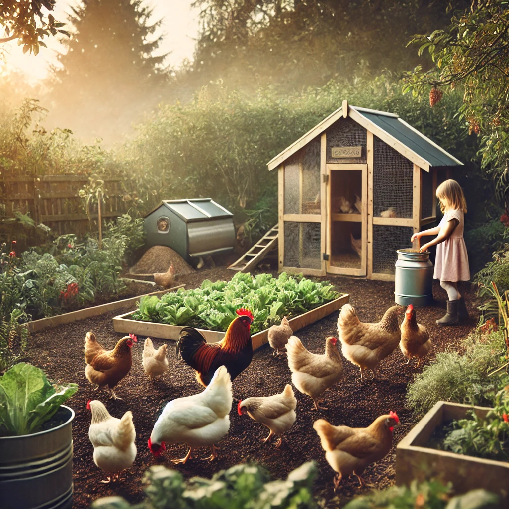 A backyard with a chicken coop, free-ranging chickens, a compost pile, and a vegetable garden enriched by chicken manure, illustrating the sustainable benefits of raising chickens