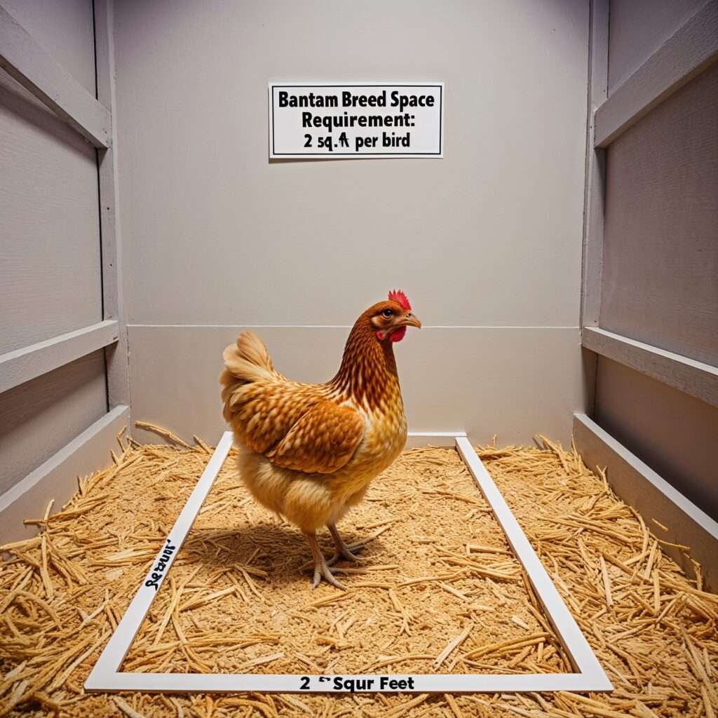 A Silkie chicken in a coop marked with 2 square feet of space, showing the Bantam breed space requirement.