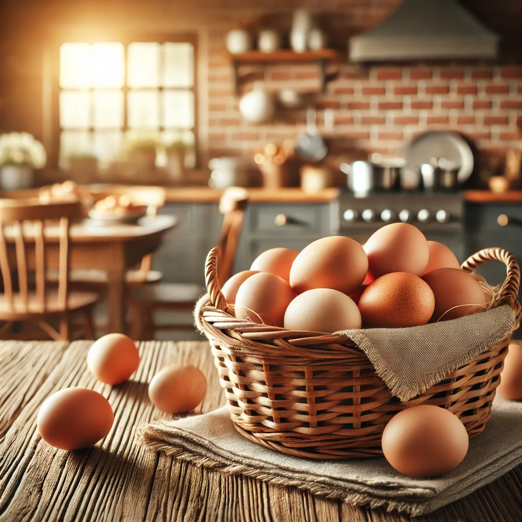 "Basket of fresh eggs, symbolizing the egg production of a small backyard chicken flock."
