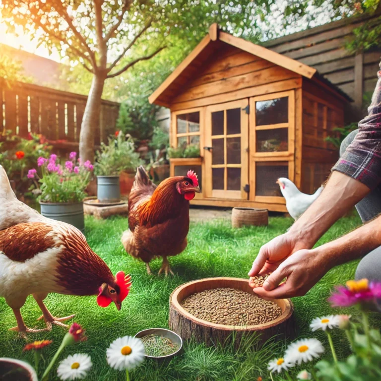 "Beginner-friendly backyard with a small wooden coop and three chickens foraging near a bowl of feed."