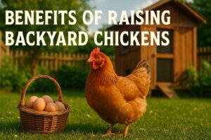 Golden hen standing beside basket of fresh eggs in a sunny backyard with chicken coop
