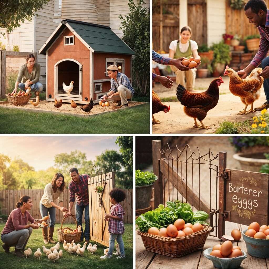 "Backyard chickens in a secure coop with a family collecting eggs and neighbors bartering eggs for produce, showcasing the benefits of raising backyard chickens."