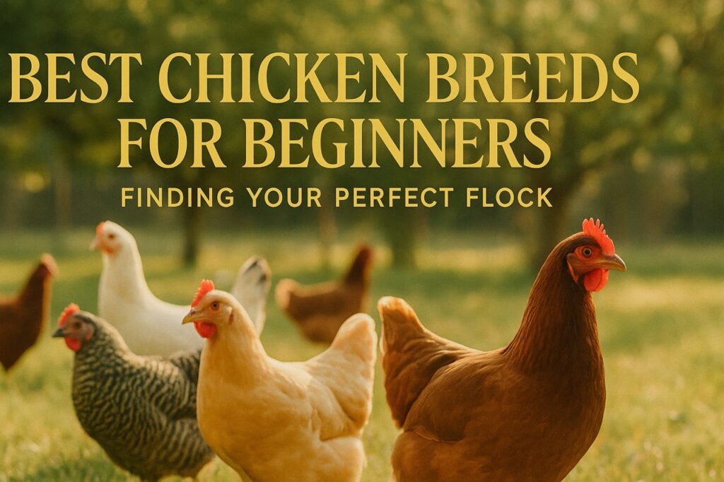 A peaceful backyard scene with several beginner-friendly chicken breeds including Buff Orpingtons, Australorps, and Plymouth Rocks, with overlaid gold text reading “Best Chicken Breeds for Beginners – Finding Your Perfect Flock.”