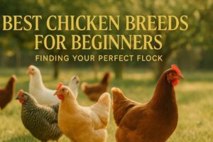 A peaceful backyard scene with several beginner-friendly chicken breeds including Buff Orpingtons, Australorps, and Plymouth Rocks, with overlaid gold text reading “Best Chicken Breeds for Beginners – Finding Your Perfect Flock.”