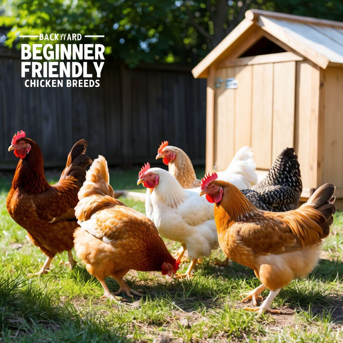 "Beginner-friendly chicken breeds, including Rhode Island Red and Buff Orpington, foraging in a backyard near a wooden coop."