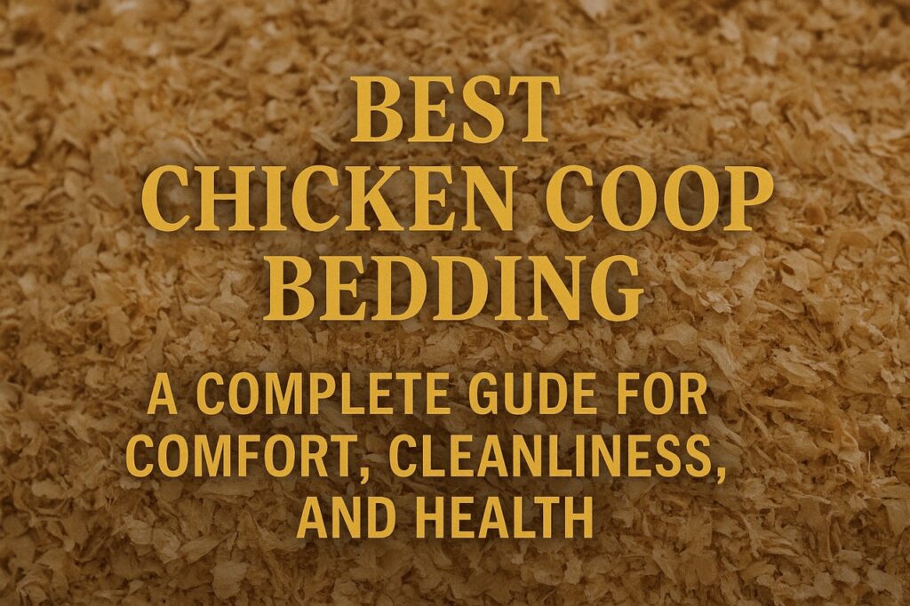 Illustrated title graphic showing “Best Chicken Coop Bedding” with photo of cozy, clean chicken coop in background.