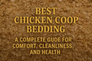 Illustrated title graphic showing “Best Chicken Coop Bedding” with photo of cozy, clean chicken coop in background.