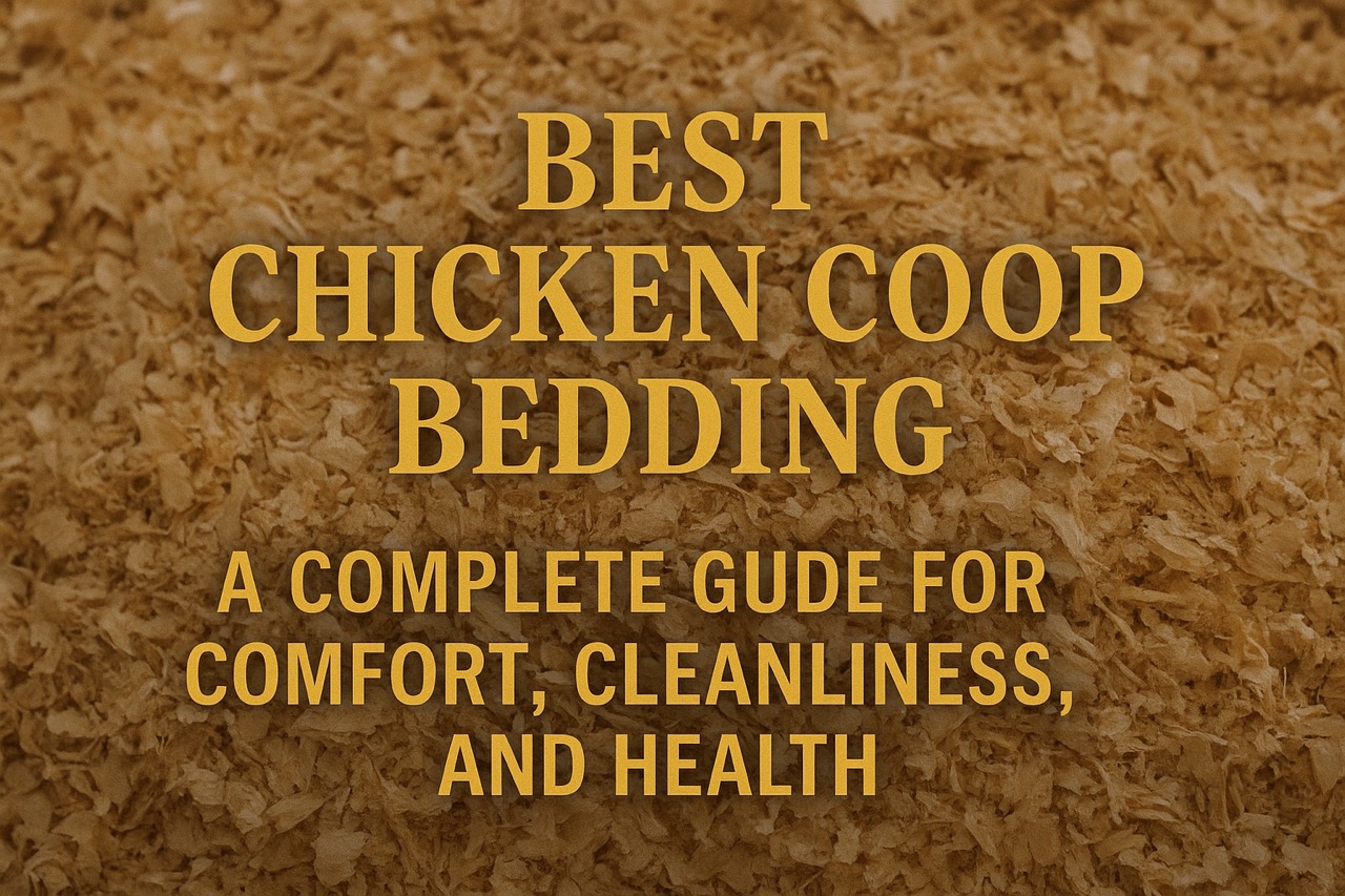 Illustrated title graphic showing “Best Chicken Coop Bedding” with photo of cozy, clean chicken coop in background.