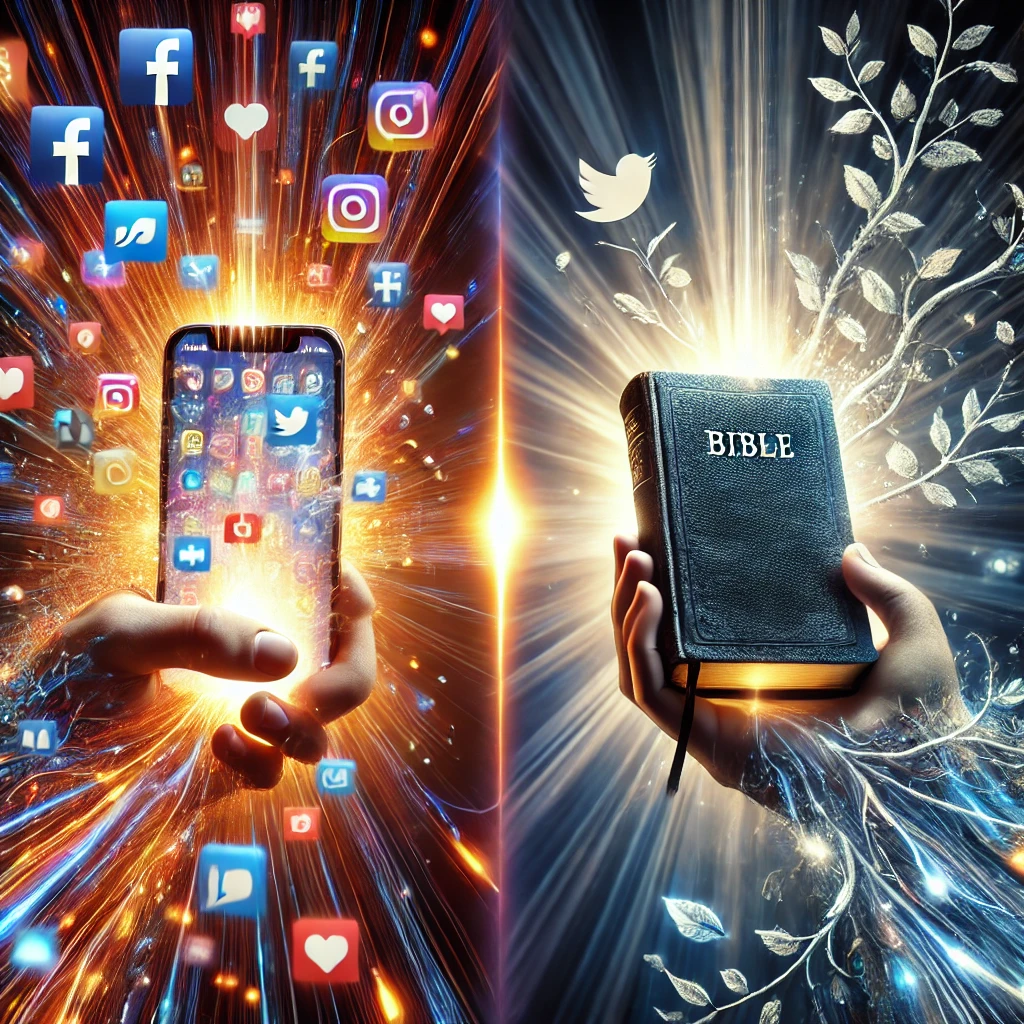 A glowing Bible and a chaotic smartphone, symbolizing the choice between divine truth and the distractions of technology.