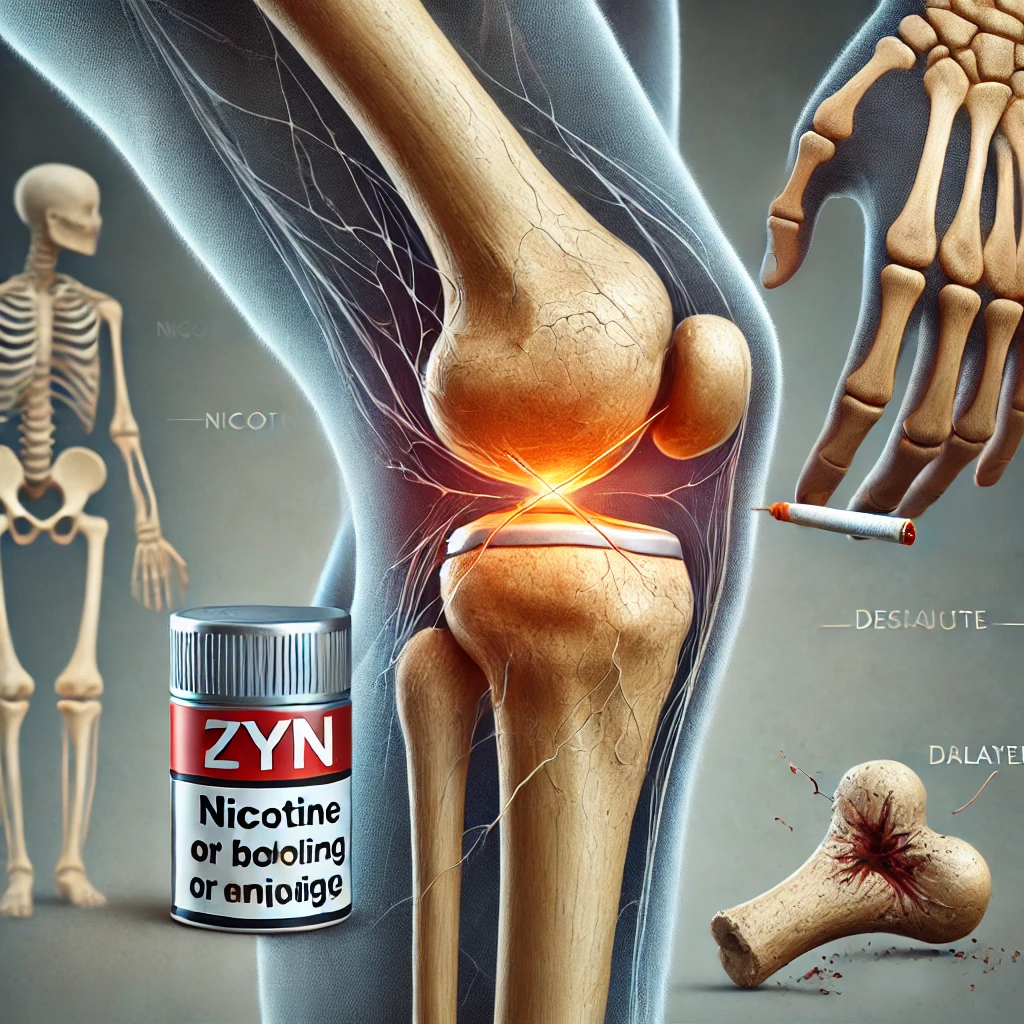 "Medical illustration showing weakened bones and deteriorating cartilage affected by nicotine use. A Zyn container with a red 'X' emphasizes the negative impact of nicotine on bone healing and joint health."