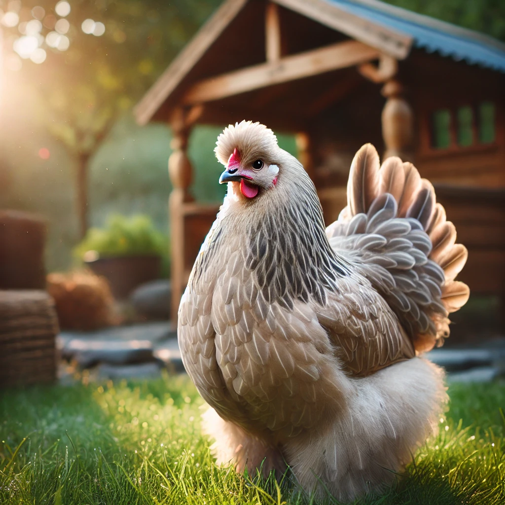 "Large Brahma chicken with feathered feet and light-colored feathers standing in a sunny backyard near a wooden coop."