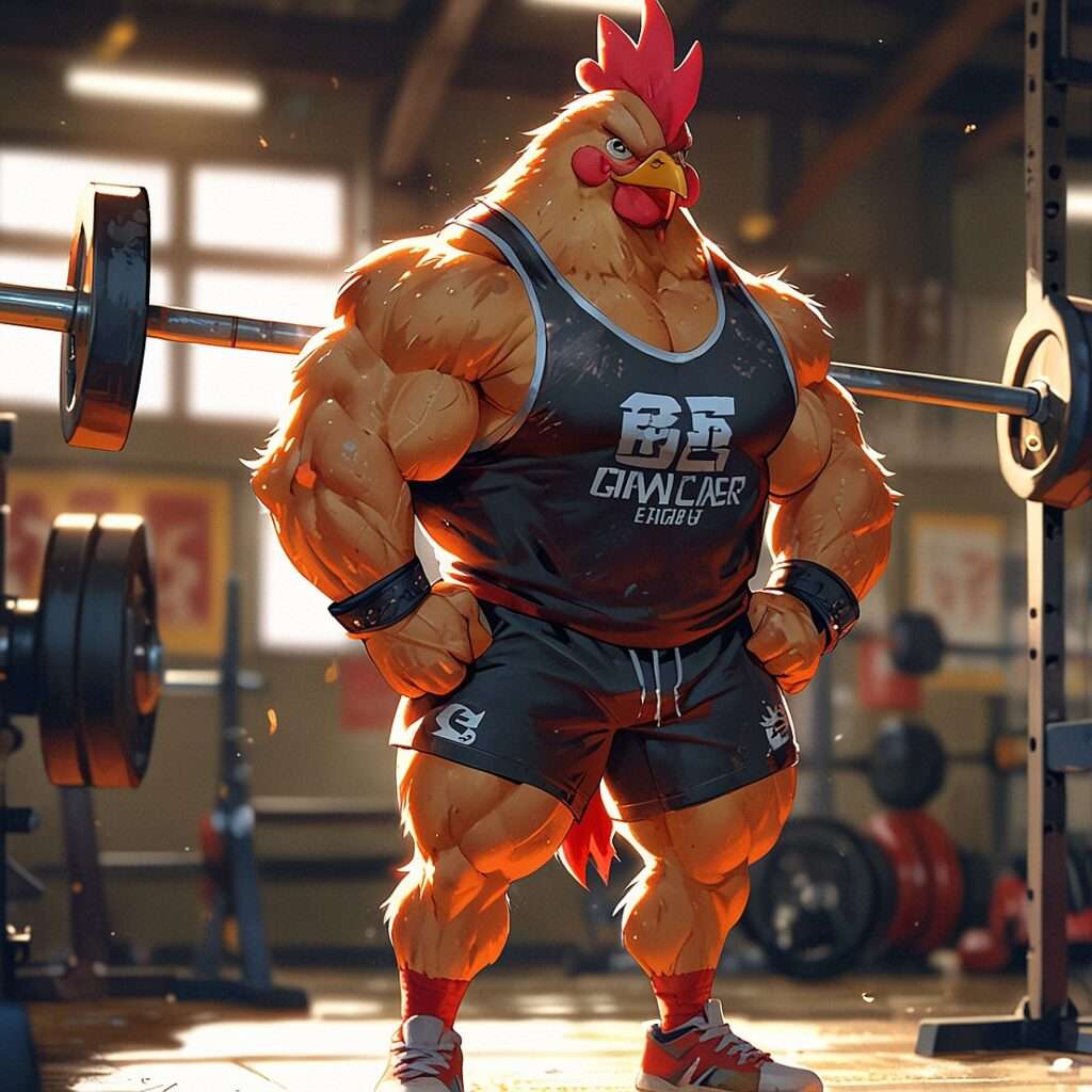 "A humorous cartoon-style illustration of a buff chicken in a gym, standing confidently next to a loaded barbell. The chicken is wearing a black tank top with bold text, gym shorts, and wristbands, highlighting its muscular physique. The gym background includes equipment and a warm lighting ambiance, adding to the comedic yet empowering tone of this fitness meme."

