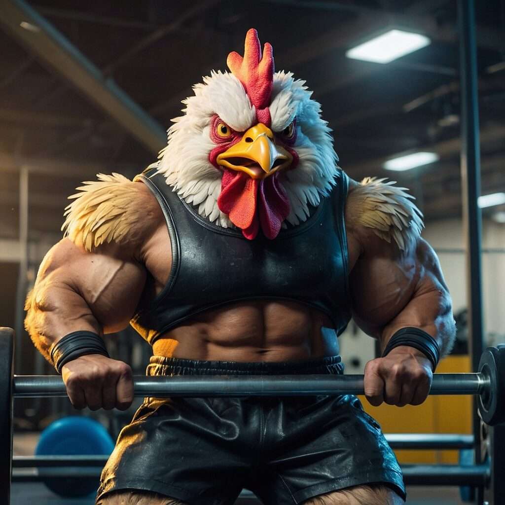 "A funny and exaggerated illustration of a buff chicken in a gym, with a muscular upper body and feathered arms gripping a barbell. The chicken wears a leather workout tank top and gym shorts, standing in a brightly lit gym environment with equipment like dumbbells and weights in the background. The intense and determined expression on the chicken's face adds humor to the scene, emphasizing its dedication to fitness."