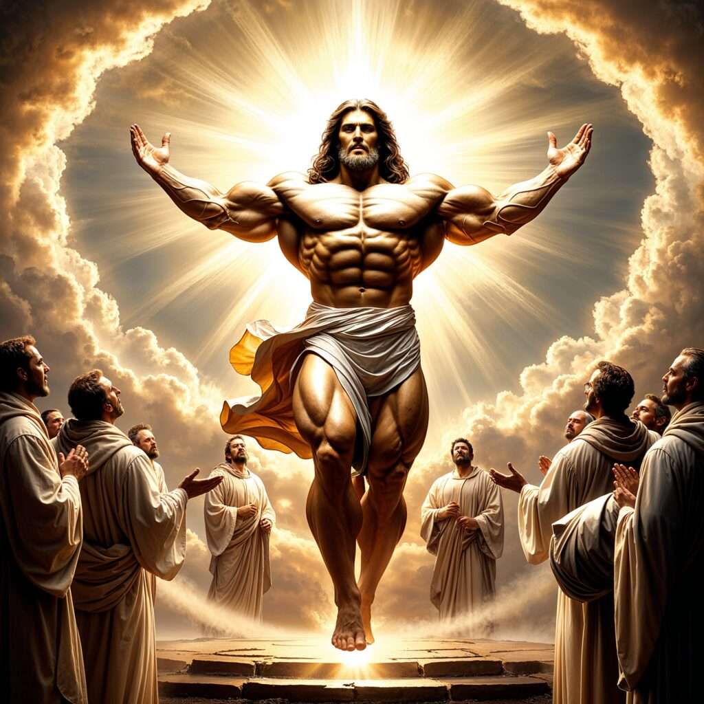 "Buff Jesus ascending into heaven with a radiant glow, his Olympian physique highlighted by beams of divine light. Surrounded by awestruck disciples and golden clouds, he embodies divine power and spiritual transcendence."
