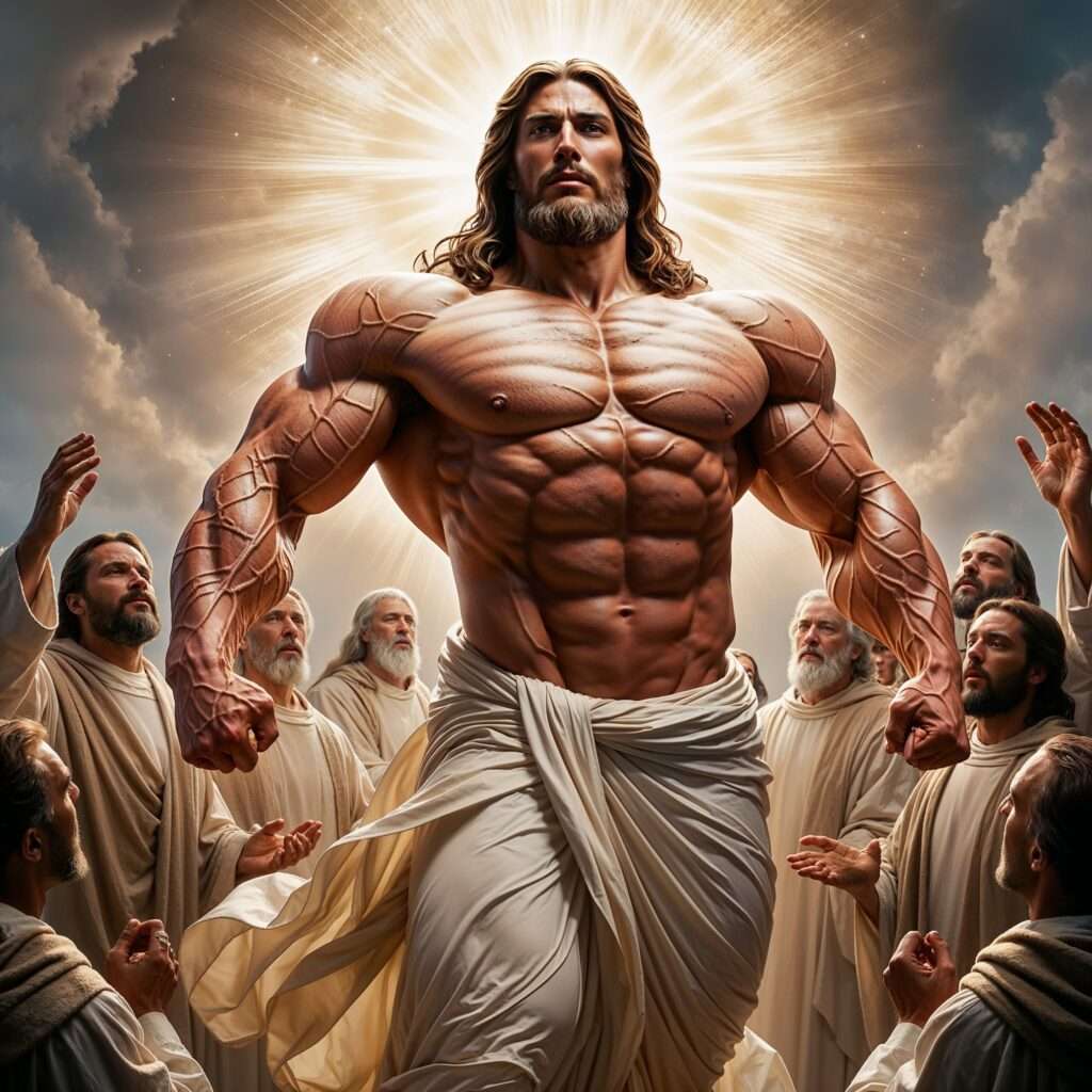 "Buff Jesus ascending with unmatched Olympian physique, his veins and muscles glowing under divine light. Disciples surround him in awe, their faces illuminated by his radiant presence."
