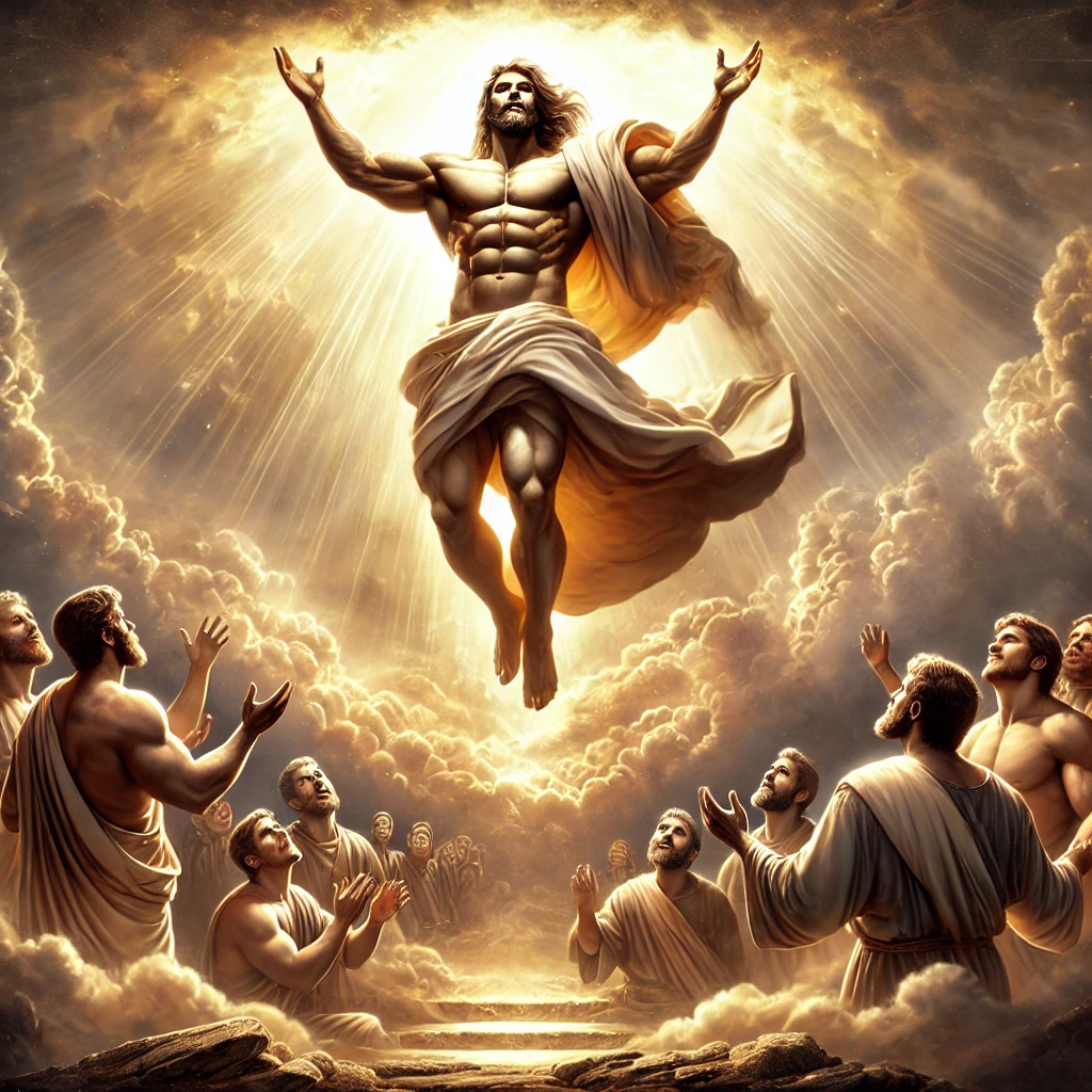 "Buff Jesus, a muscular and radiant figure, ascending into the clouds with arms outstretched in blessing, surrounded by awe-struck disciples, symbolizing the Ascension into heaven."
