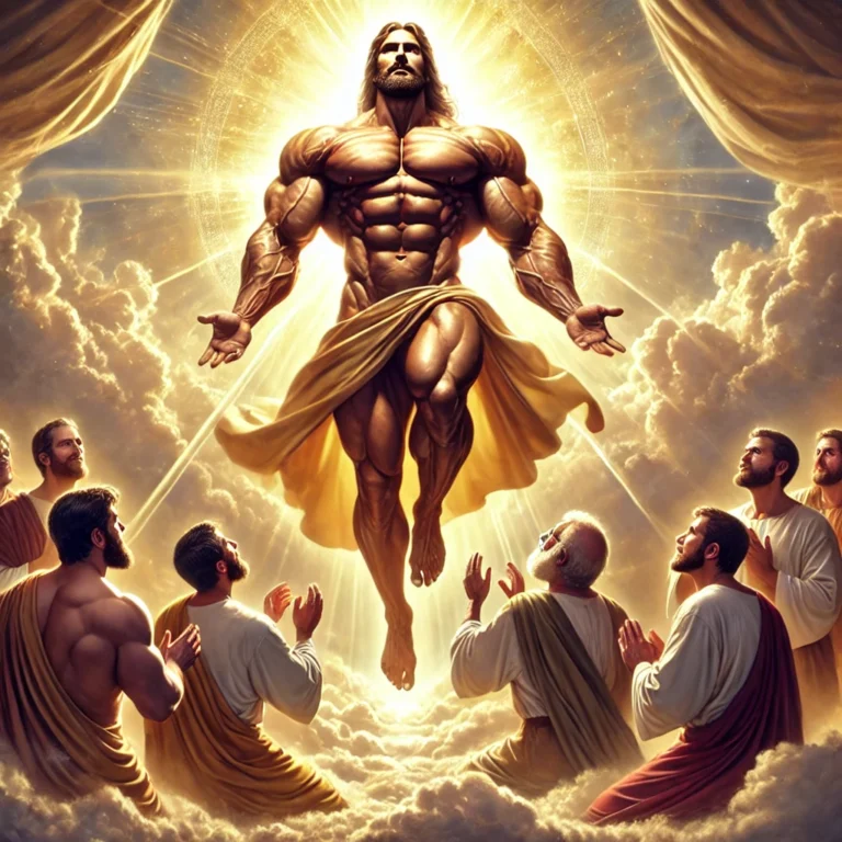 "Buff Jesus ascending into heaven, with an Olympian physique glowing with divine light. Surrounded by clouds and disciples in awe, he radiates strength, majesty, and spiritual transcendence."