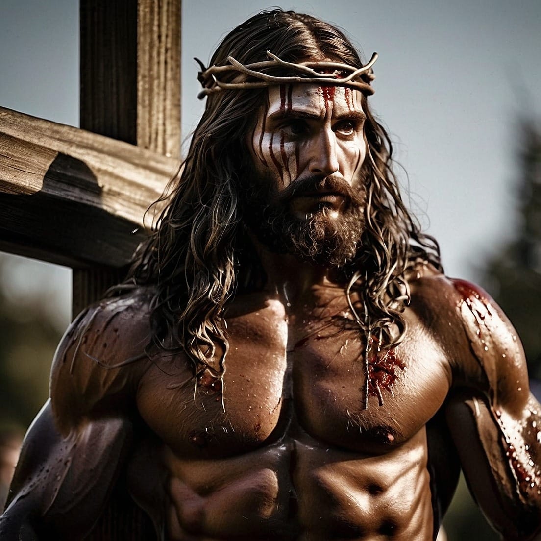 A muscular depiction of Jesus with a bodybuilder physique, wearing a crown of thorns, blood trickling down his face and chest, carrying a rugged wooden cross.



