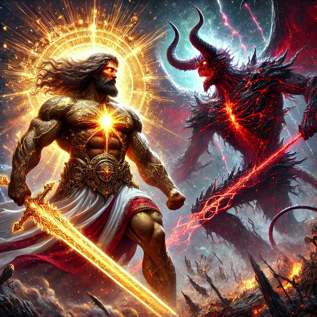 Buff Jesus, depicted with a muscular physique and glowing sword, clashes with Satan, a grotesque figure with fiery eyes and bat-like wings, on a fiery apocalyptic battlefield.

