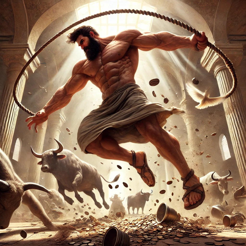 "Buff Jesus depicted during the Cleansing of the Temple, flipping tables and driving out merchants with a whip, radiating divine strength and righteous fury."
