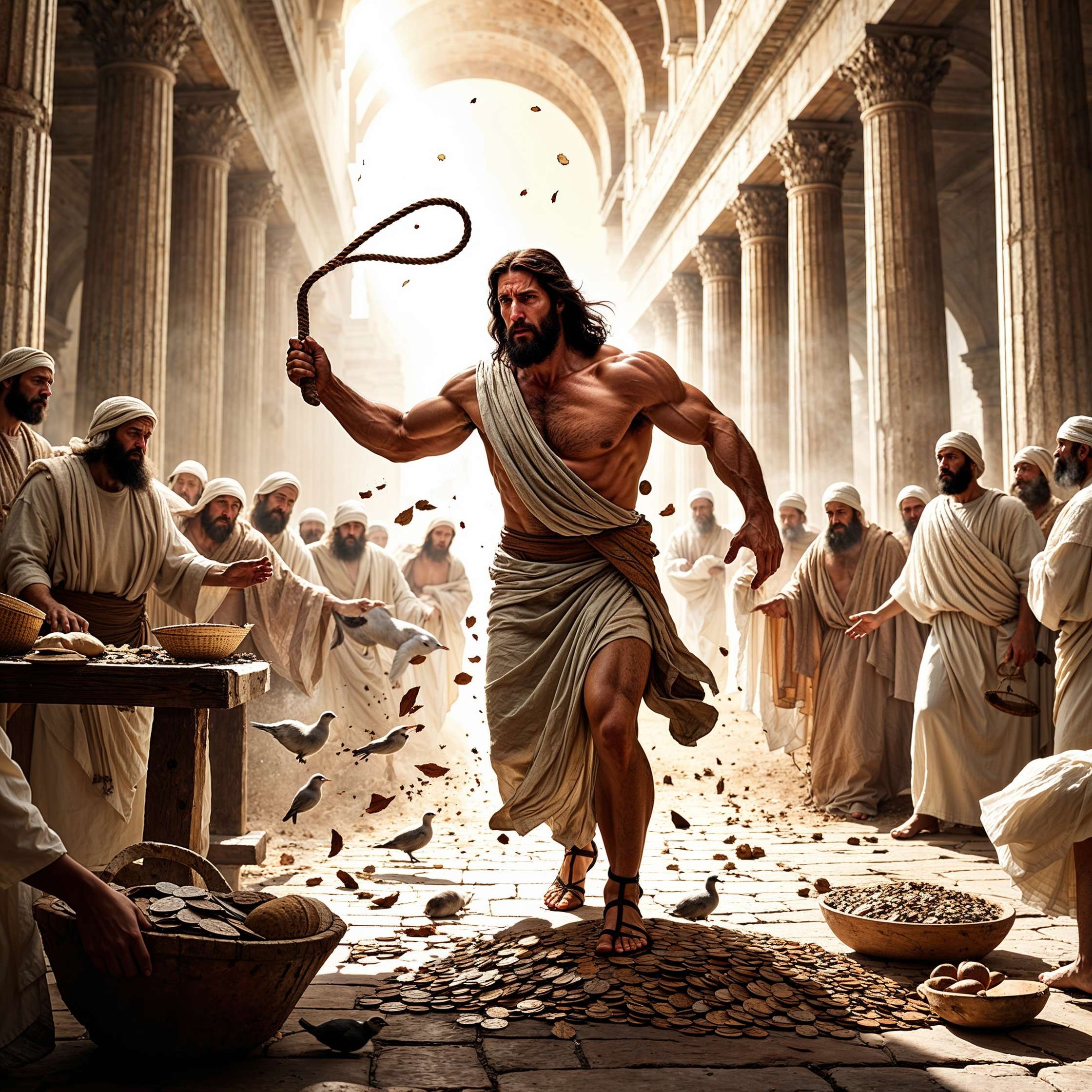 "Buff Jesus in a dynamic pose, swinging a whip as coins scatter and doves fly amidst onlookers in the temple, symbolizing divine justice and sacred power."
