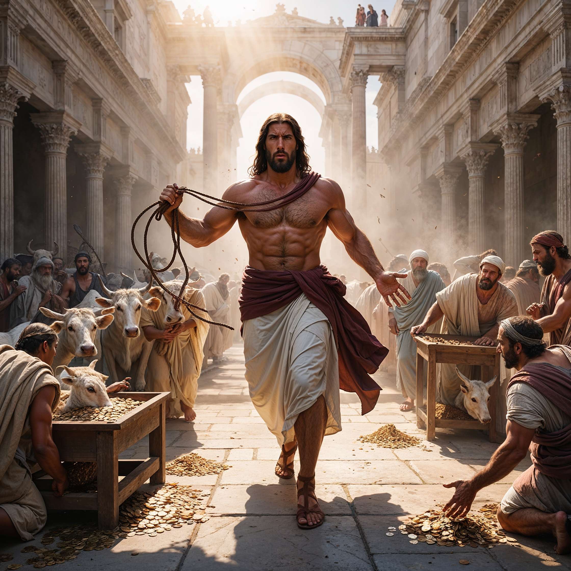 "Buff Jesus walking with a whip in hand, flipping tables and scattering coins as merchants and animals flee in chaos, symbolizing divine justice and holy strength."
