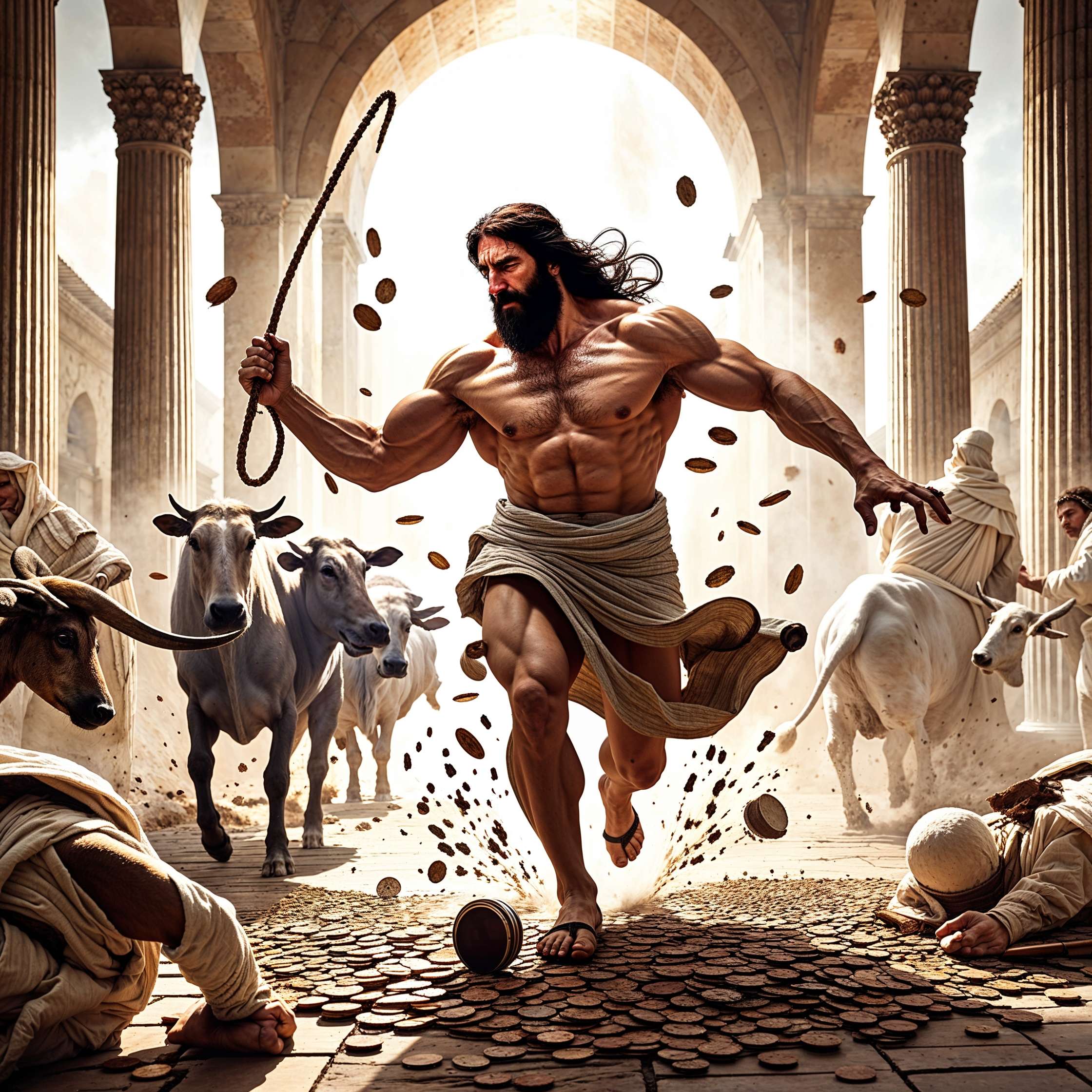 "Buff Jesus in a commanding pose, swinging a whip as coins scatter, animals flee, and merchants cower in the temple, symbolizing divine strength and righteous fury."
