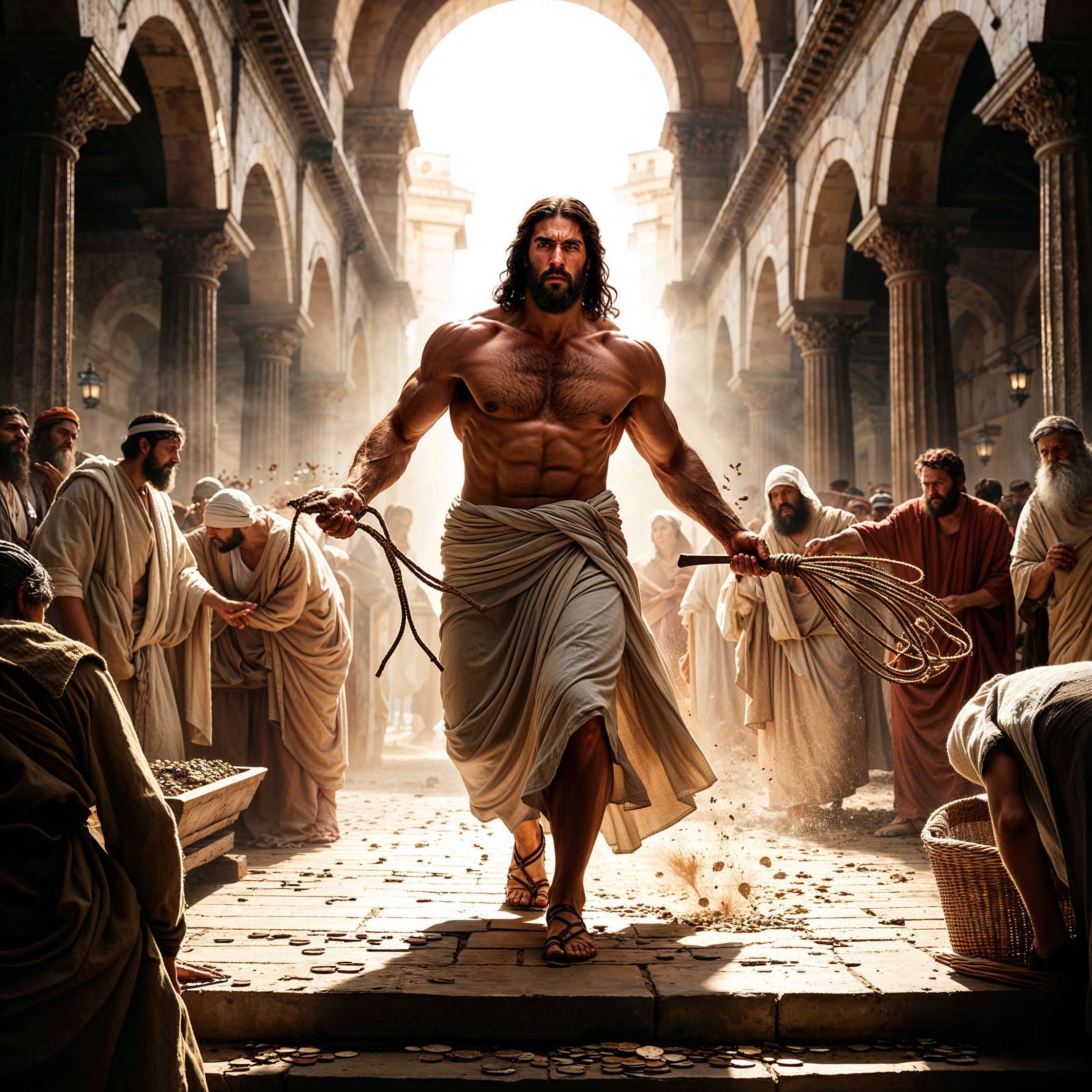 "Buff Jesus walking powerfully through the temple with a whip in hand, scattering coins and confronting merchants, embodying divine justice and sacred strength."
