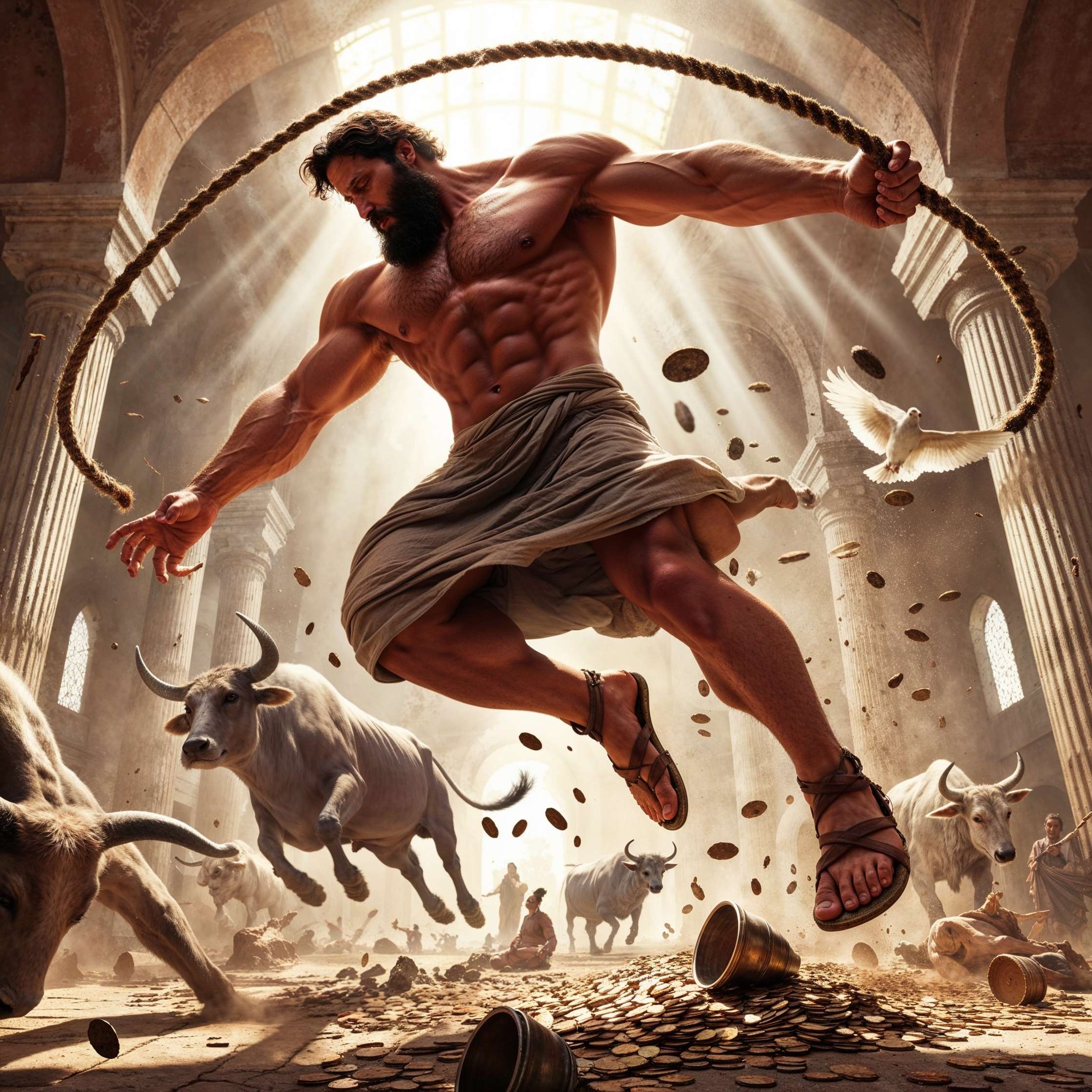 "Buff Jesus mid-action in the temple, wielding a whip as coins scatter and animals flee in chaos, symbolizing divine justice and righteous strength."
