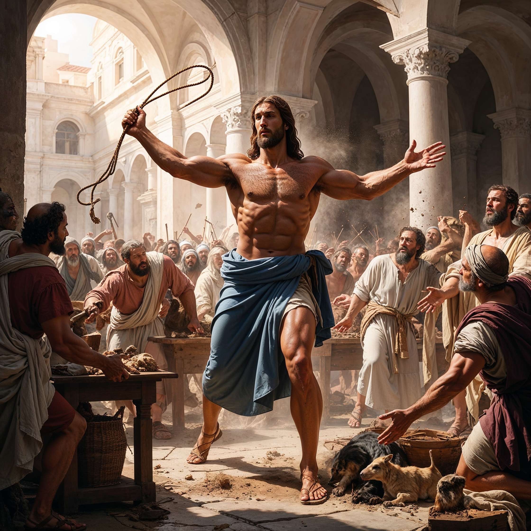 "Buff Jesus raising a whip in a commanding pose, driving out merchants and animals from the temple as onlookers react in awe and fear, symbolizing divine strength and righteous anger."
