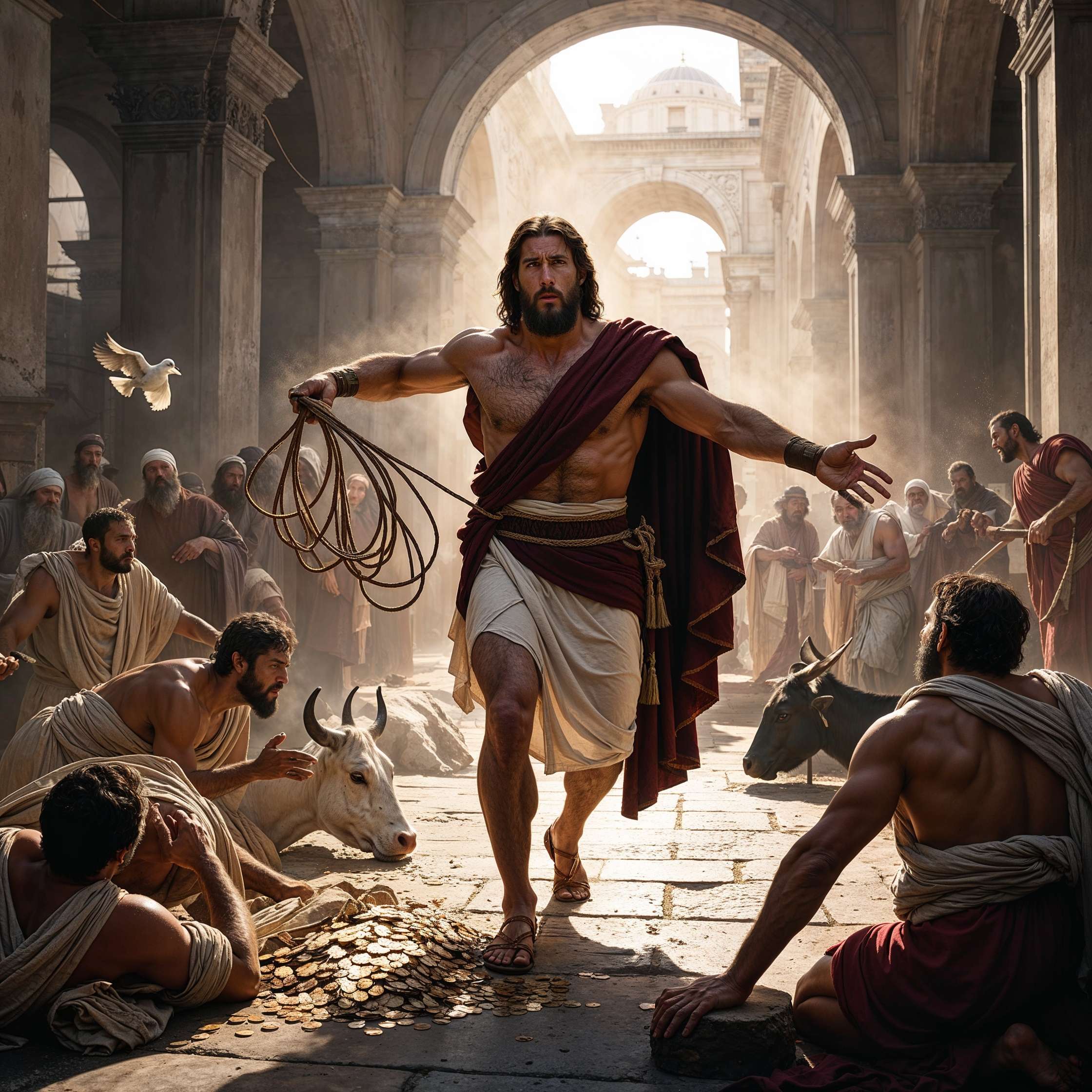 "Buff Jesus wielding a whip, scattering coins and driving out merchants and animals from the temple as onlookers watch in shock, symbolizing divine fury and justice."
